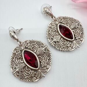 Brighton Silver Plated Floral Red Rhinestone Medallion Earrings Ornate Opulent